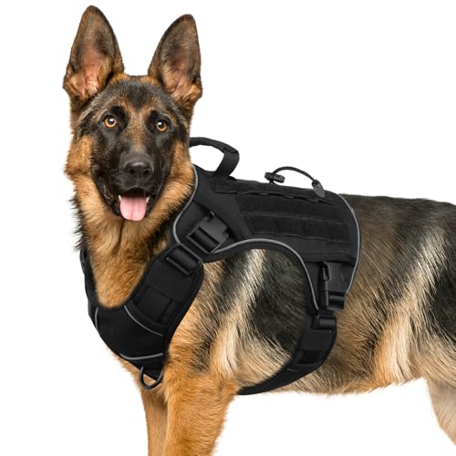 WINGOIN Black Tactical Dog Harness for Large Dogs, Heavy Duty No Pull Dog Harness with Handle, Adjustable Reflective Military K9 Big Pet Vest for Husky, Doberman, Walking, Training, Hunting (XL) - color: Black, size: XL: 70-120 lbs (Chest:29-39",Neck:21-2