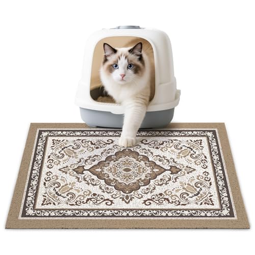 Cat Litter Mat 24" x 15" Non-Slip Litter Box Mat Washable Litter Catcher Mat for Litter Box Indoor Food Mat Supplies Essentials, Brown - color: Brown, size: 24X15in