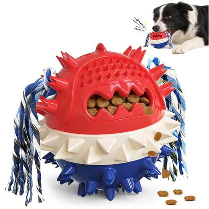 Dog Chew Toys Floating 4" Squeaky Ball for Aggressive Chewers Toothbrush Teething Cleaning Toys Outdoor Swimming Interactive Tough Toys with Treat Dispenser Ball for Medium and Large Dogs - color: Red & Blue