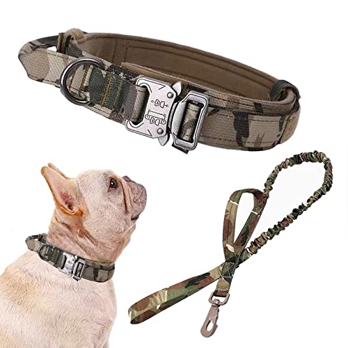 Tactical Dog Collar and Leash Set Adjustable Military Nylon Dog Collar with Control Handle and Heavy Duty Metal Buckle for Large Dogs（Camo S - color: Camo SET(collar+leash), size: Small (Pack of 1)