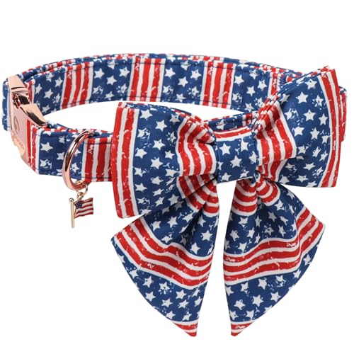 DOGWONG 4th of July American Flag Dog Collar, Red Blue Sailor Bow Tie Dog Collars with Metal Adjustable Buckle, Comfortable Independence Day Dogs Collars for Small Puppy Dogs - color: C:Strip Flag, size: Xs