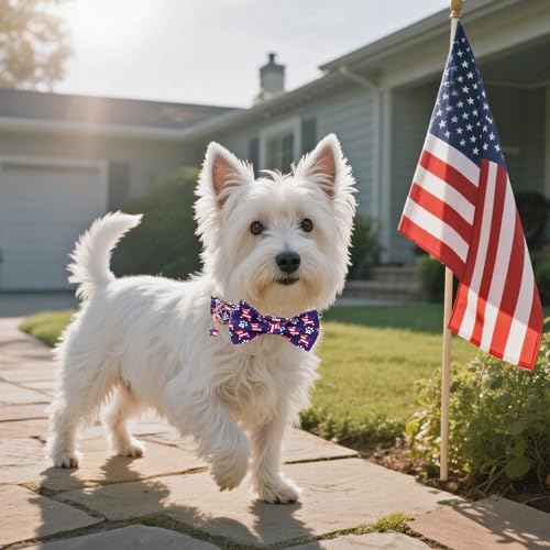 ADOGGYGO American Flag Dog Collar with Bow, Detachable Red Blue Star Puppy Bowtie, Metal Buckle, Adjustable Patriotic 4th of July Collars for Small Dogs Boy Girl (X-Small) - color: American Flag, size: X-Small