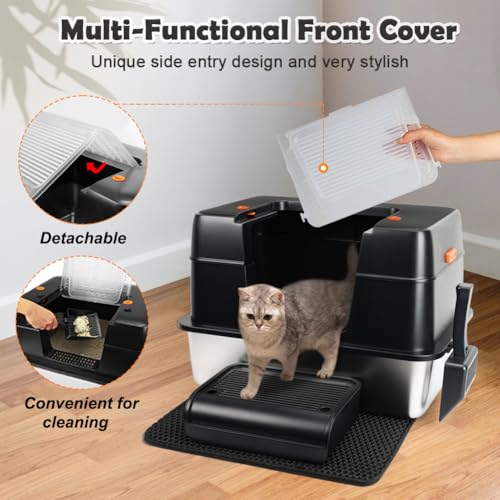 Vivifying Stainless Steel Litter Box, XL Side Entry Extra Large Litter Box with Lid for Big Cats & Kitty, Removable Enclosed Metal Cat Pan with High Sided Enclosure, Scoop (Black) - color: Black