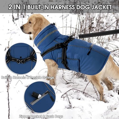 Dog Coat Medium, Built-in Harness Dog Jacket with Warm Fleece Lining, Waterproof Reflective Dogs Winter Coat, Pet Coats with Pocket and Trash Bags (Navy Blue, Medium) - color: Navy Blue, size: Medium