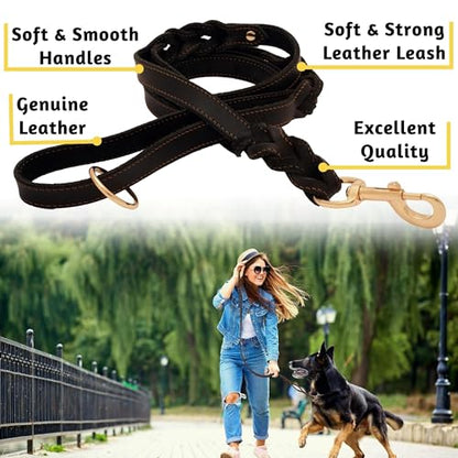 ADITYNA - Double Handle Leather Dog Leash 6ft - Heavy Duty Braided Dog Leash with Traffic Handle - Lead for Training and Walking Medium Large Breeds (Black, Two Handles 6 Foot x 3/4") - color: Black, size: Two Handles 6 foot x 3/4"
