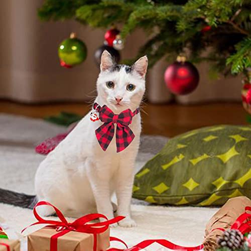 ADOGGYGO Christmas Cat Collars Breakaway with Bowtie, 2 Pack Red Green Plaid Xmas Kitten Collar with Removable Bow Bell Christmas Collar for Cats Kittens - color: Red&Green-2