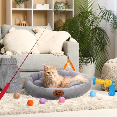 Zopeal 59 Pcs Cat Gift Sets Including Cat Bed Pillows Winter Sweater Interactive Retractable Wand Toy and Feather Toys Launcher Gun with Plush Balls for Pet Lover with Gift Wrapping Bag and Bow