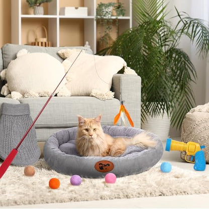 Zopeal 59 Pcs Cat Gift Sets Including Cat Bed Pillows Winter Sweater Interactive Retractable Wand Toy and Feather Toys Launcher Gun with Plush Balls for Pet Lover with Gift Wrapping Bag and Bow