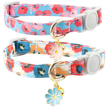 Faygarsle 2 Pack Breakaway Cat Collar with Bells for Girl Cats Cute Pink Collar with Flower Charm Floral Girly Spring for Cats - color: Pink&Blue