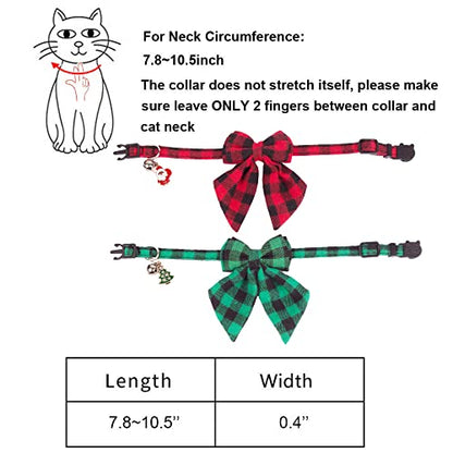 ADOGGYGO Christmas Cat Collars Breakaway with Bowtie, 2 Pack Red Green Plaid Xmas Kitten Collar with Removable Bow Bell Christmas Collar for Cats Kittens - color: Red&Green-2