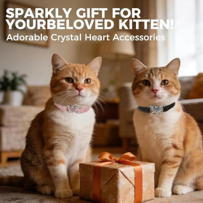 BINGPET 2 Pack Diamond Cat Collar with Bells and Safety Belt, Adjustable Soft Velvet Kitten Collar with Bling Heart Jewelry, Cute Black & Pink Cat Collars for Girls & Boys(Neck Girth 8"-10") - color: Pink & Black(Heart), size: Neck Girth 8"-10"