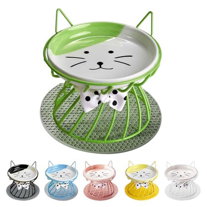 Tilted Elevated Cat Bowl, Food & Water Cat Bowl， Ceramic Pet Food Bowl for Flat Faced Cats, Protect Pet's Spine, Dishwasher Safe - color: Green