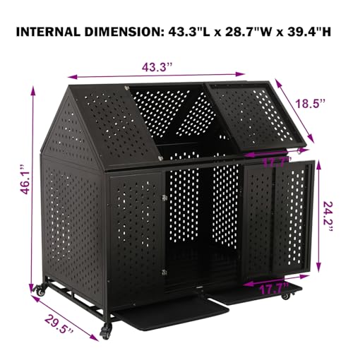 44 inch Heavy Duty Indestructible Dog Crate, Steel Escape Proof Chewproof Impact Double Door Dog Kennel for Large Medim Dogs with Wheels and Trays, High Anxiety Large Dog Cage, XL - size: 43.3"L x 29.5"W x 46.1"H