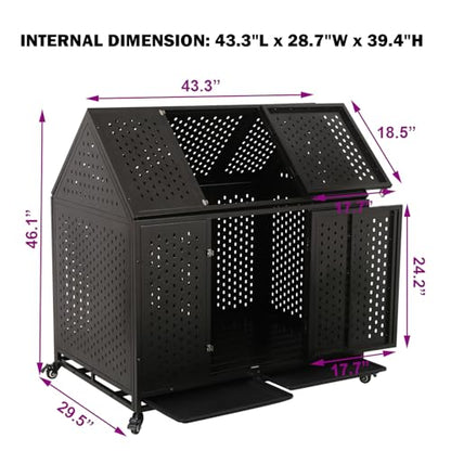 44 inch Heavy Duty Indestructible Dog Crate, Steel Escape Proof Chewproof Impact Double Door Dog Kennel for Large Medim Dogs with Wheels and Trays, High Anxiety Large Dog Cage, XL - size: 43.3"L x 29.5"W x 46.1"H