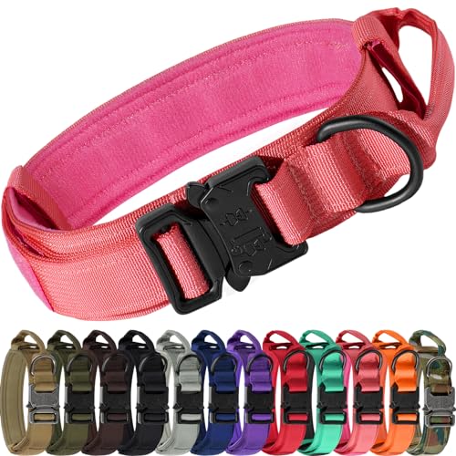 Joytale Tactical Dog Collar with Handle and Metal Buckle, Heavy Duty Padded Military Collar with 2 Patches for Training, Adjustable for Medium Dogs, Hotpink, M - color: Hotpink, size: M