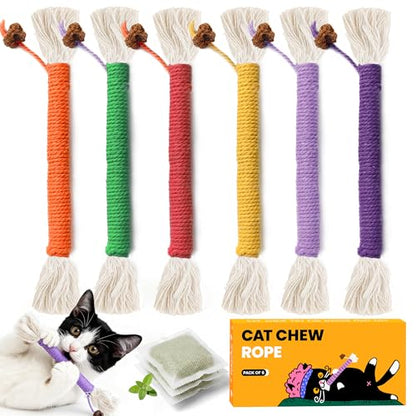 Kitten Toys, Cat Chew Toy for Teeth Cleaning, Catnip Rope Toys for Indoor Kittens, Interactive Cat Nip Teething Toys for Cats, Kitty Kicker Toy, 6 Pack (Plus 3 Pouches of Catnip) - size: Small 6 Pack