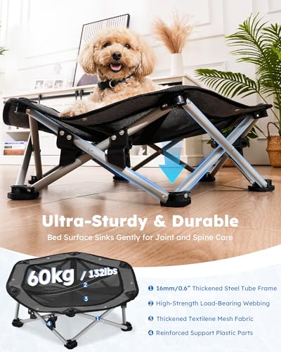 Pecute Elevated Dog Bed with Cooling Blanket, Chew Proof Outdoor Pet Cot for Small Dogs, Tool-Free Assembly & 360° Breathable Mesh for Summer Camping, Orthopedic Joint Support, M, 26×23.6×5.9" - size: M(26 × 23.6 × 5.9'')