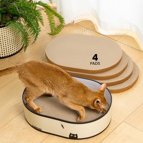 Conlun Cat Scratcher Box with 4 Cat Scratching Board Reversible Cat Scratch Pad, Heavy Duty Corrugated Cardboard Cat Bed Lounger Cat Scratchers for Indoor Cats, Protects Furniture,Kittens Gifts-Large - color: Black Cat, size: 4 Pads-Cat Scratcher Box