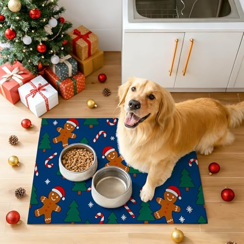 HOMETITUTE Fun Gingerbread Pattern Xmas Pet Placemat Holiday Pet Mat for Food and Water Bowls Spill-Proof Area Pad for Pet Feeding Spaces Easy Clean Mat for Cats Kittens & Small Dogs 20" x 12" - color: brown