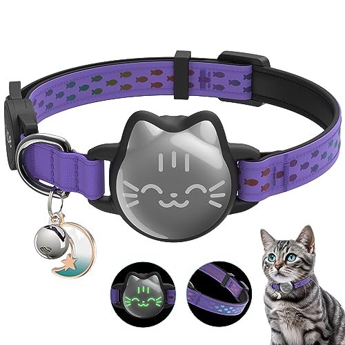 Waterproof Airtag 2nd & 1st Cat Collar, Breakaway Cat Airtag Collar with Luminous & Reflective Pattern Strap, Lightweight Kitten Collars for Apple Air tag, Hidden Holder - Cats, Kittens - color: Regal Purple