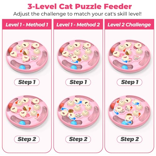 3 in 1 Cat Treat Puzzle Feeder, Level 3 Interactive Cat Puzzle Toy with Track Balls, Feather Teaser & Slow Feeder Insert, Non-Slip Base, Mental Stimulation for Bored Indoor Cats, Pink - color: Pink