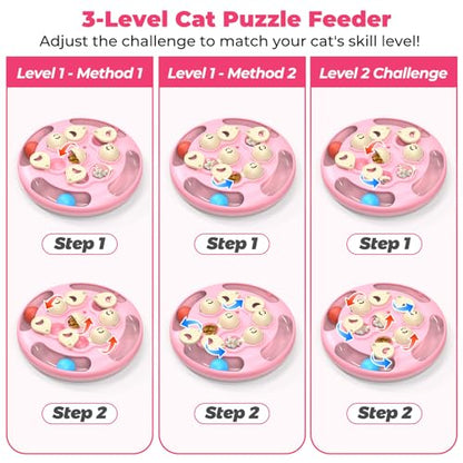 3 in 1 Cat Treat Puzzle Feeder, Level 3 Interactive Cat Puzzle Toy with Track Balls, Feather Teaser & Slow Feeder Insert, Non-Slip Base, Mental Stimulation for Bored Indoor Cats, Pink - color: Pink