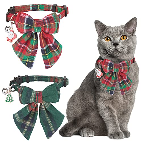 ADOGGYGO Christmas Cat Collars Breakaway with Removable Bow Tie, 2 Pack Red Green Plaid Christmas Collar for Cats Kittens - color: Christmas-2