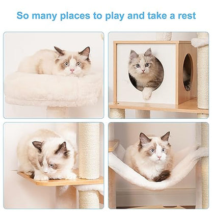 Hey-brother Wooden Cat Tree, 66.1“ Cat Furniture with Scratching Posts, Modern Cat Tower with hammocks, Toys, cat condo, Walnut MPJ120WB - color: Walnut