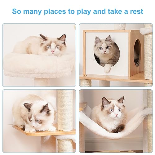 Hey-brother Wooden Cat Tree, 66.1“ Cat Furniture with Scratching Posts, Modern Cat Tower with hammocks, Toys, cat condo, Walnut MPJ120WB - color: Walnut