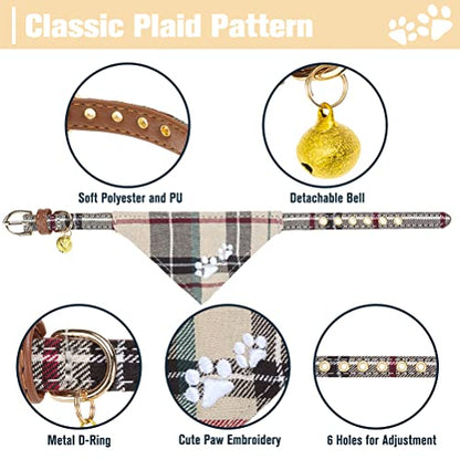 EXPAWLORER Dog Collar and Leash Set - Plaid Dog Collar with Pawprints and Bow Tie, Cat-Friendly, Beige S-M - color: Beige, size: S-M