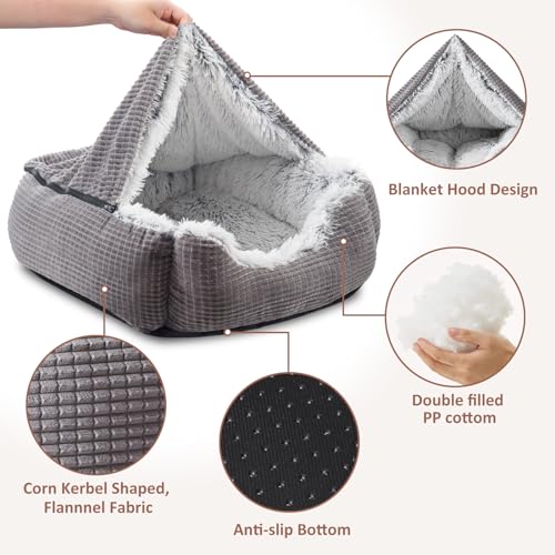 MIXJOY Dog Beds for Large Medium Small Dogs, Rectangle Cave Hooded Blanket Puppy Bed, Luxury Orthopedic Cat Beds for Indoor Cats, Warmth and Machine Washable (30 inches, Grey) - size: 30.0"L x 24.0"W x 9.0"Th