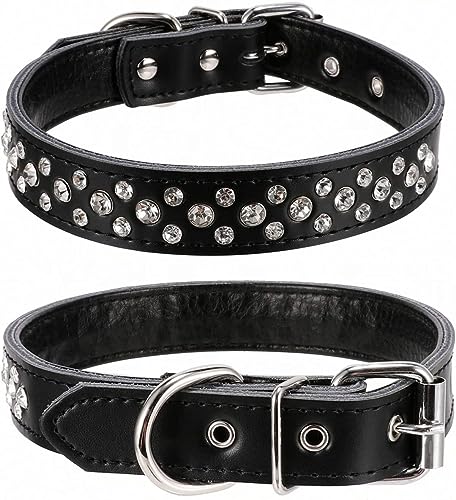 Rhinestones Dog Collar, Adjustable Sparkly Crystal Studded Genuine Leather Pet Dog Collar for Small and Medium Dogs (S, Black) - color: Black, size: S