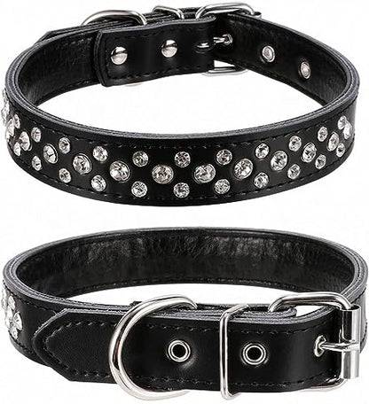 Rhinestones Dog Collar, Adjustable Sparkly Crystal Studded Genuine Leather Pet Dog Collar for Small and Medium Dogs (L, Black) - color: Black, size: L