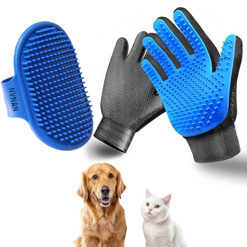 NVNAN Cat & Dog Grooming Gloves - Dog Shampoo Brush & Deshedding Brush for Shedding, Gentle Pet Hair Remover & Massage Gloves for Cats, Dogs, All Fur Types (1 Brush +1 Pair Gloves) - color: Gloves + Brush