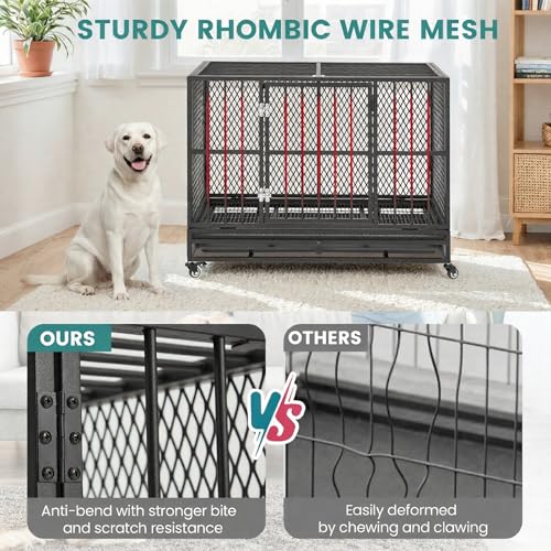 37 Inch Heavy Duty Dog Crate, Folding Dog Kennel for Medium/Small Dogs, Metal Dog Cage with Lockable Wheels, Dual Locks, Removable Tray, Easy Assembly - size: 36.6"L x 23.4"W x 28.3"H