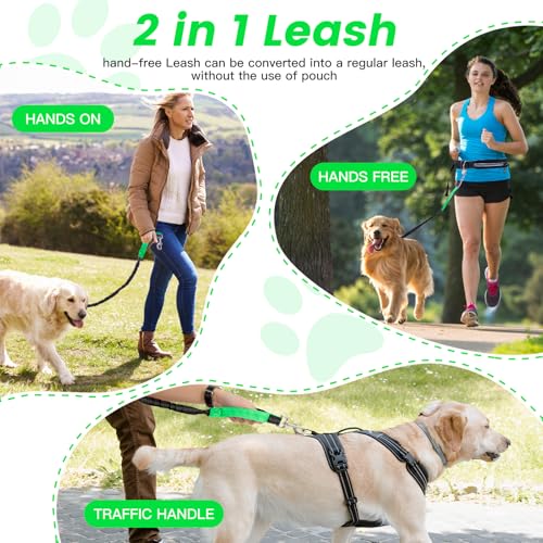Waist Leash for Medium Large Dog Walking, Bungee Hands Free Leash with Zipper Pouch, Around The Waist No Pull Running Dog Belt, Padded Handle Jogging No Hands Heavy Duty - color: Green