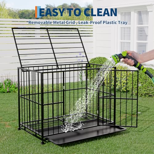 Heavy Duty 42 Inch Dog Crate for Medium Sized Dogs, Indestructible Stainless Steel Escape Proof Dog Kennel Indoor with Lockable Wheels and Removable Tray, Stackable Dog Cage for High Anxiety Dogs - size: 42.1"L x 27.6"W x 33.5"H