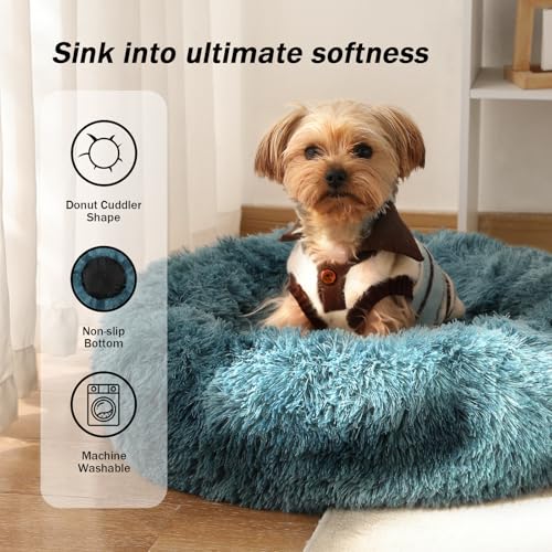 Calming Donut Dog Bed for Small to Medium Dogs & Cats - Plush Faux Fur Anti-Anxiety Pet Bed with Machine Washable Cover & Non-Slip Base - color: Gradient Blue, size: Small 19.6''