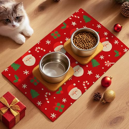 HOMETITUTE Christmas Santa Candy Gift Pattern Design Pet Feeding Mat Spill-Proof Holiday Dog Food Mat Red Santa Pet Bowl Mats Cute Decorative Christmas Cat Mats for Food and Water 20" x 12" - color: Red