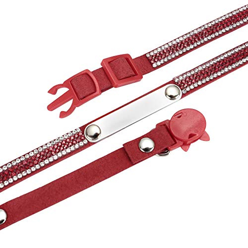 Mogoko Personalized Breakaway Cat Diamond Collar, Customized Bling Kitten Pet Collar with Engraved ID Name Plate and Bell（Red） - color: Red