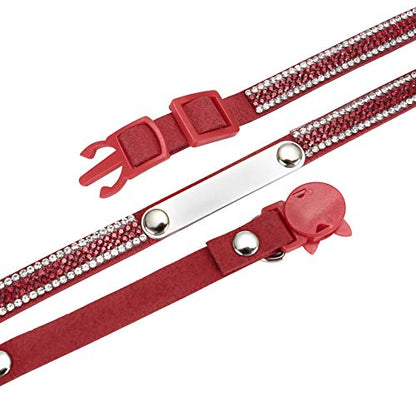 Mogoko Personalized Breakaway Cat Diamond Collar, Customized Bling Kitten Pet Collar with Engraved ID Name Plate and Bell（Red） - color: Red