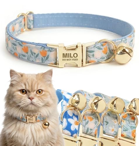 Engraved Floral Cat Collar with Removable Bow Tie - Personalized ID Tag & Safety Bell, Adaptive Polyester Design, （Non-Breakaway） - Floral Pattern Collection - color: Blue Lilac, size: L