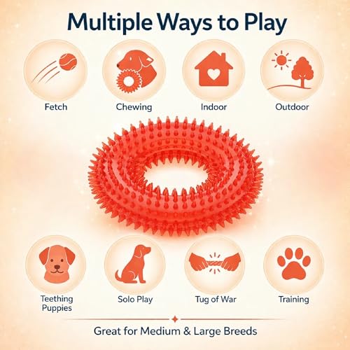 Squeaky Spiky Dog Ring Toy for Teeth Cleaning & Gum Massage 4.9 Inch Medium Large Dogs Red | Spiny TPR Rubber Chew Toy for Fetch Play Interactive Bouncy Dental Ring Durable BPA Free Nontoxic Floats - size: Red Ring - 1 Pack