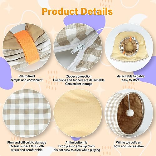 BWOGUE Bunny Tunnel Bed, 2-in-1 Collapsible Tunnel Tubes Toys with Removable Mat Hideout for Cats Kittens Rabbits Guinea Pigs Kitty - color: YellowPlaid