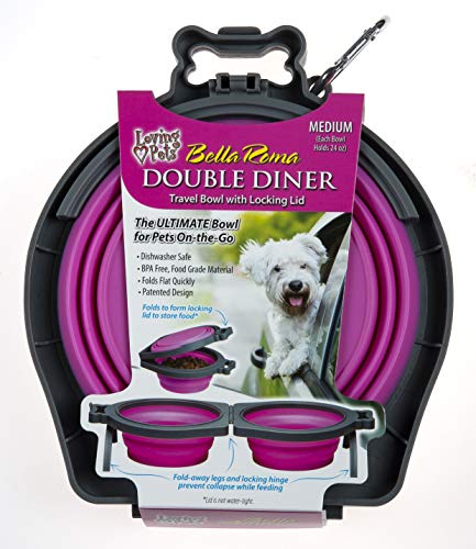 Loving Pets - Bella Roma Double Diner Portable Travel Dog Bowls Collapsible Combined Dog Food & Water Bowls (Pink, Medium) - color: Pink, size: Medium Travel Double Diner