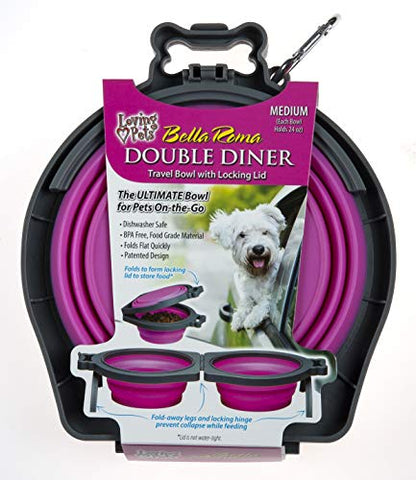 Loving Pets - Bella Roma Double Diner Portable Travel Dog Bowls Collapsible Combined Dog Food & Water Bowls (Pink, Medium) - color: Pink, size: Medium Travel Double Diner