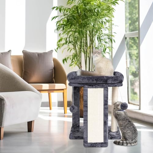 SYANDLVY Small Cat Tree with Perch, Cat Scratching Board for Indoor Cats, Scratching Post with 2 Dangling Balls, Great for Kittens (Smoky Grey) - color: Smoky Grey