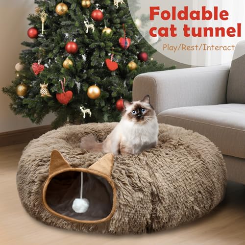 Cat Tunnel Bed for Indoor Cats, Soft Plush Donut Peekaboo Cat Cave, Multifunctional Playground Toy for Small Medium Large Cats, Kittens, Rabbits, Ferrets, with Washable Cushion (Brown) - color: Brown
