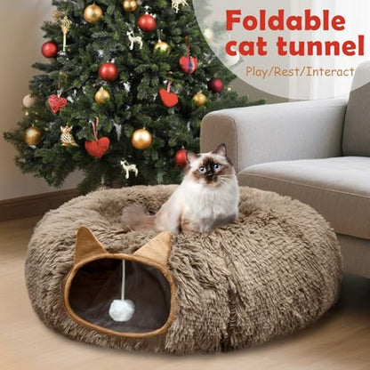 Cat Tunnel Bed for Indoor Cats, Soft Plush Donut Peekaboo Cat Cave, Multifunctional Playground Toy for Small Medium Large Cats, Kittens, Rabbits, Ferrets, with Washable Cushion (Brown) - color: Brown