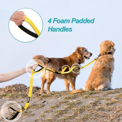 Double Dog Leash, No Tangle Dual Leash, Reflective Walking Training Lead, 4 Comfortable Padded Handles for 2 Dogs with Collapsible Bowl and Waste Bags (Yellow, Large) - color: Yellow